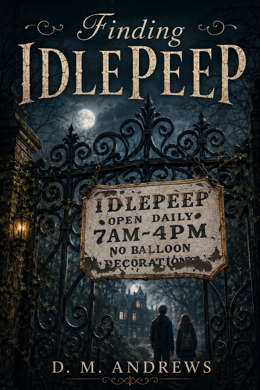 Finding IdlePeep book cover by D. M. Andrews, showing two young people at moonlit iron gates