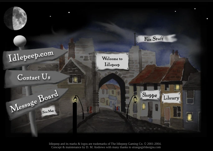 D. M. Andrews's original watercolor website from 2004: moonlit village, stone archway, library, shop, and wooden signposts